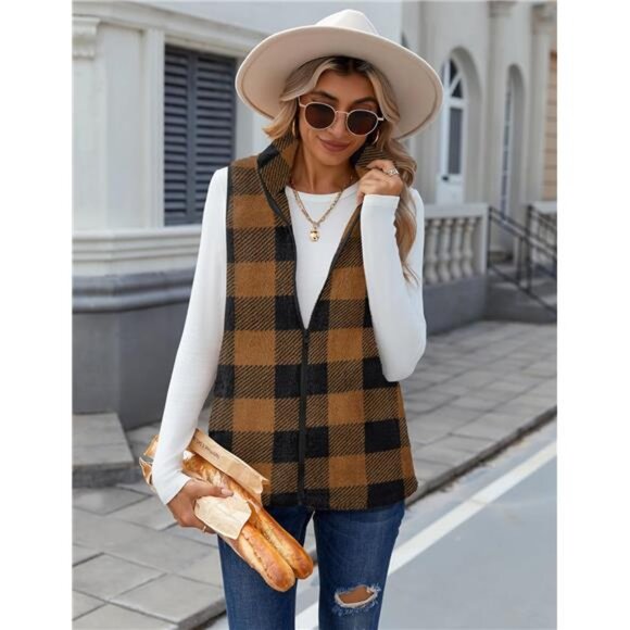 Vest For Women Sleeveless Brown Plaid - Picture 4 of 6